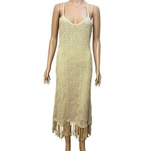 Say What Crochet Maxi Dress Large Tan Fringe Boho Vacation Beach Retro Hippie